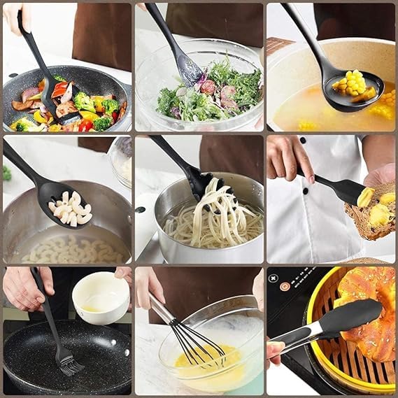 VAKTAVYA VAKTAVYA 11Pcs NonStick Silicone Spatula Set for Kitchen with Wooden Handle Cookware Utensil Tong Whisk Ladle Basting Brush Slotted Turner Spoon Pasta Server  - Image 5