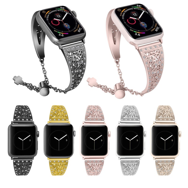 For Apple Watch Series 8&7 41mm / SE 2&6&SE&5&4 40mm / 3&2&1 38mm Flower Pattern Adjustable B Style Wrist Strap(Gold)