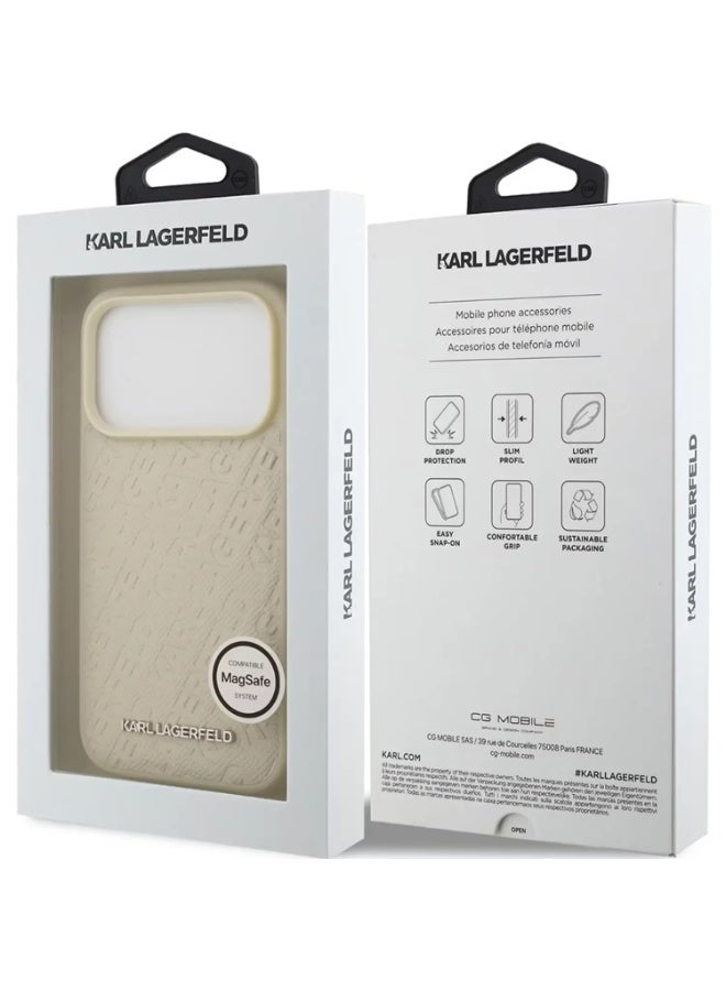 كارل لاغرفيلد جراب كارل لاغرفيلد ماج سيف المصنوع من جلد البولي يوريثان المغلف بالكامل مع حبيبات كارل لهاتف آيفون 17 برو، تصميم نحيف، حماية من السقوط، سهل التركيب، تغليف مستدام، قبضة مريحة، تصميم خفيف الوزن - بيج - Image 1