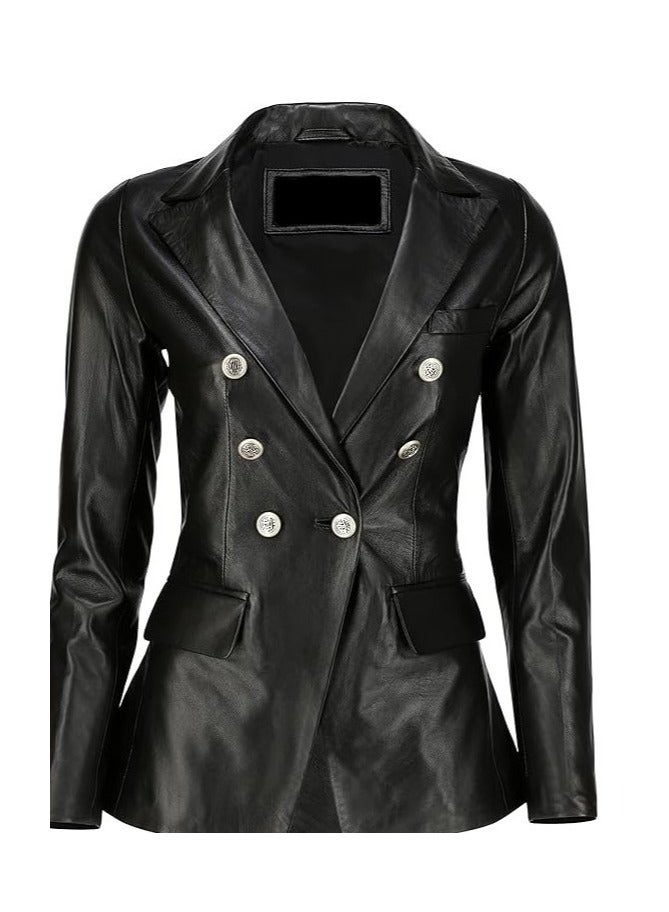 Women's Black Leather Blazer with Luxe Silver Buttons and Single-Button Closure  - Image 1