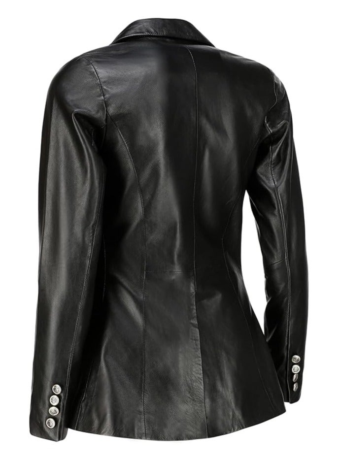 Women's Black Leather Blazer with Luxe Silver Buttons and Single-Button Closure  - Image 2