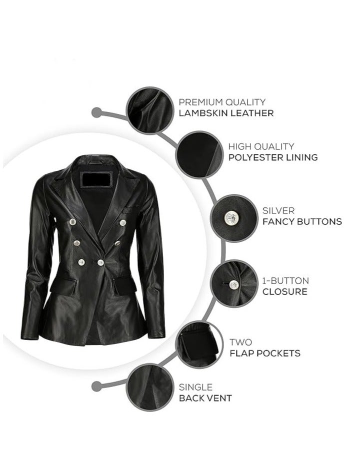 Women's Black Leather Blazer with Luxe Silver Buttons and Single-Button Closure  - Image 3