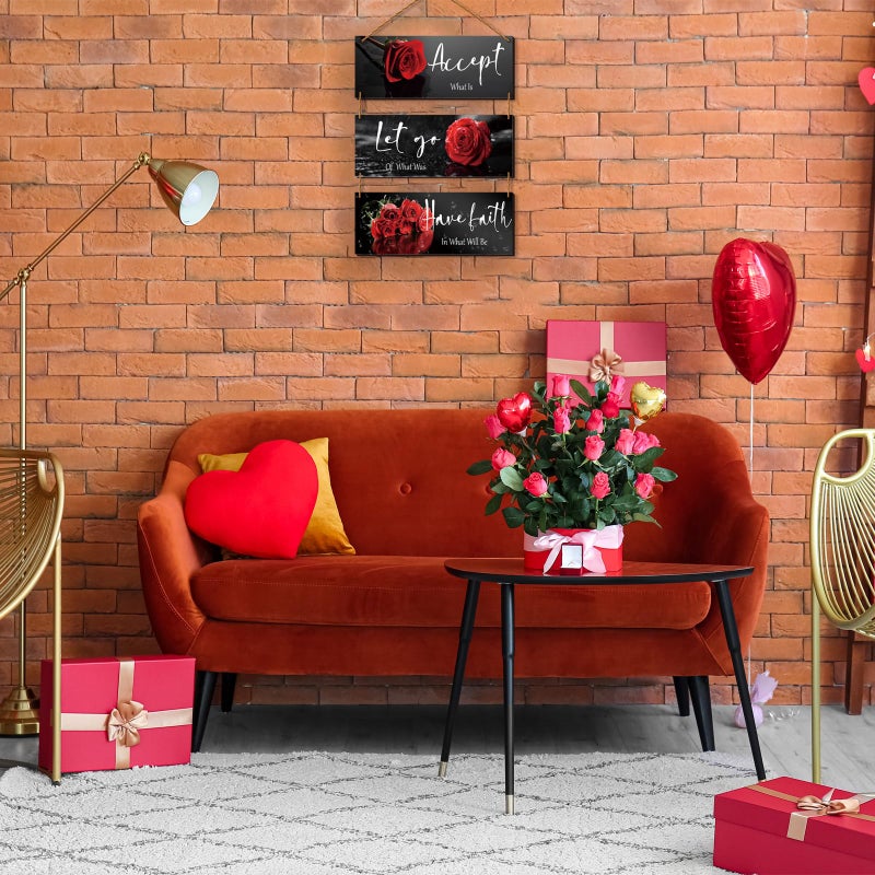 ZINYAZHE 3 Pcs Red Decor Flower Rose Wall Art With Quotes For Girl Women Bathroom Living Room Bedroom Decor (Red Rose 10 X 4 Inch) - Image 5