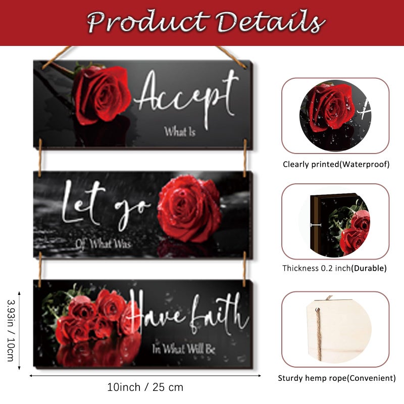 ZINYAZHE 3 Pcs Red Decor Flower Rose Wall Art With Quotes For Girl Women Bathroom Living Room Bedroom Decor (Red Rose 10 X 4 Inch) - Image 3
