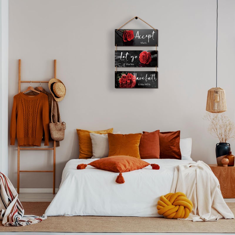 ZINYAZHE 3 Pcs Red Decor Flower Rose Wall Art With Quotes For Girl Women Bathroom Living Room Bedroom Decor (Red Rose 10 X 4 Inch) - Image 4