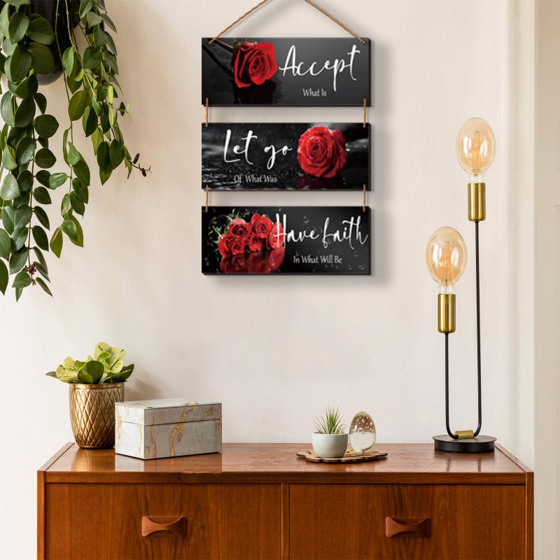 ZINYAZHE 3 Pcs Red Decor Flower Rose Wall Art With Quotes For Girl Women Bathroom Living Room Bedroom Decor (Red Rose 10 X 4 Inch) - Image 2