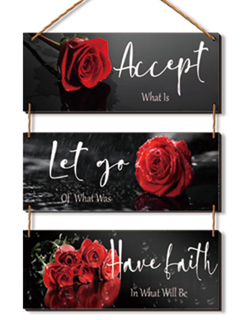 ZINYAZHE 3 Pcs Red Decor Flower Rose Wall Art With Quotes For Girl Women Bathroom Living Room Bedroom Decor (Red Rose 10 X 4 Inch) - Image 1