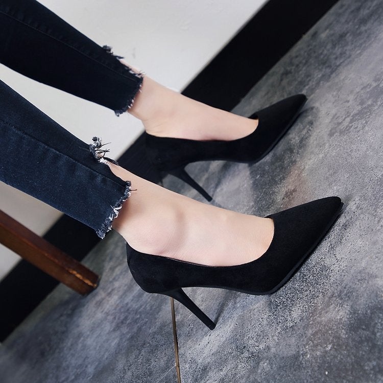 Women'S Stiletto Heel High Heels 2023 New Black All-Match Work Girl Pointed Formal Suede Single-Layer Shoes Women'S Autumn - Image 1