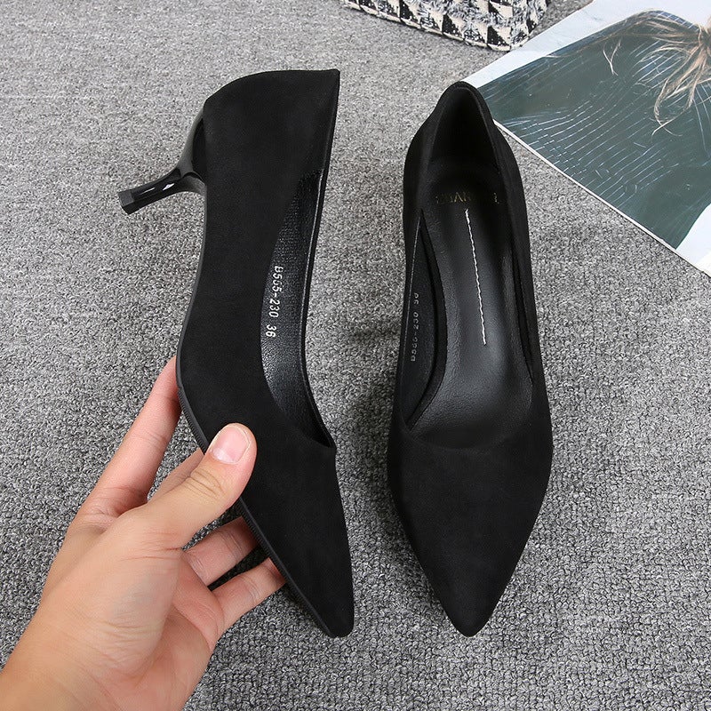 Women'S Stiletto Heel High Heels 2023 New Black All-Match Work Girl Pointed Formal Suede Single-Layer Shoes Women'S Autumn - Image 4