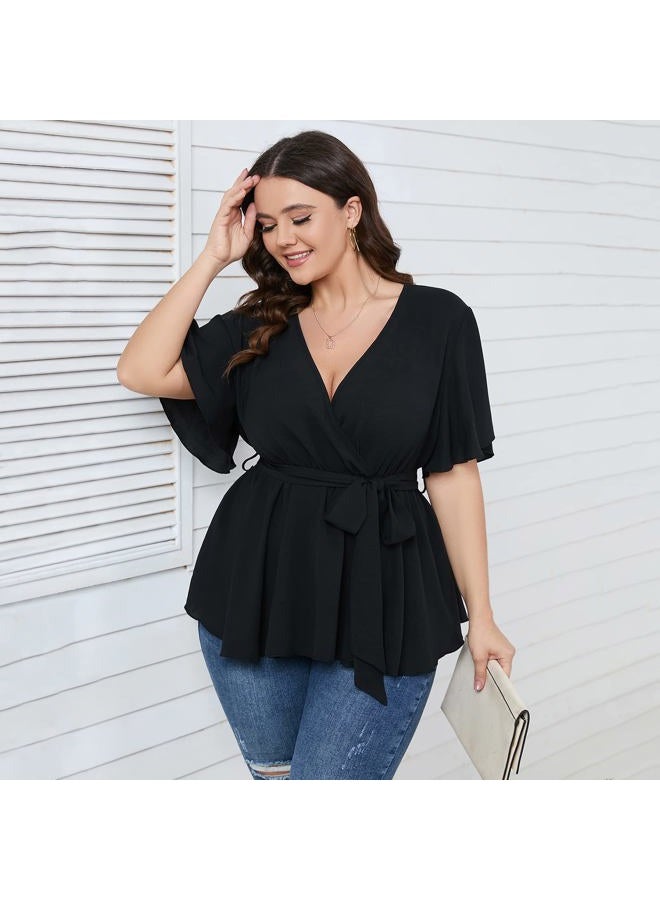SCOMCHIC Women's Plus Size Short Sleeve V Neck Wrap Belted Ruffle Peplum Blouse Tops, Shirts for Women, Black, XL Plus - Image 2