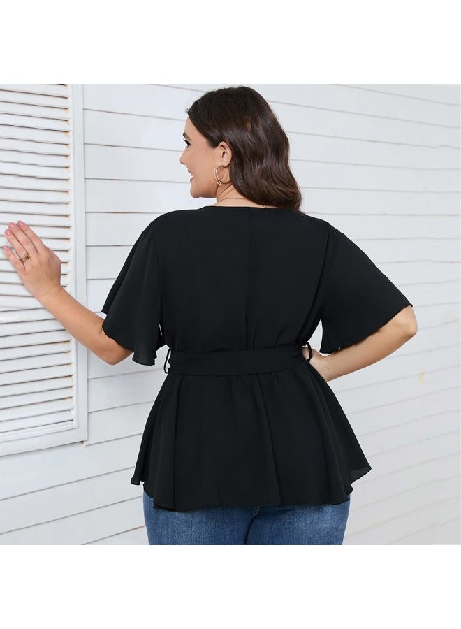 SCOMCHIC Women's Plus Size Short Sleeve V Neck Wrap Belted Ruffle Peplum Blouse Tops, Shirts for Women, Black, XL Plus - Image 4