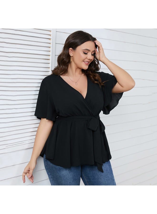 SCOMCHIC Women's Plus Size Short Sleeve V Neck Wrap Belted Ruffle Peplum Blouse Tops, Shirts for Women, Black, XL Plus - Image 3