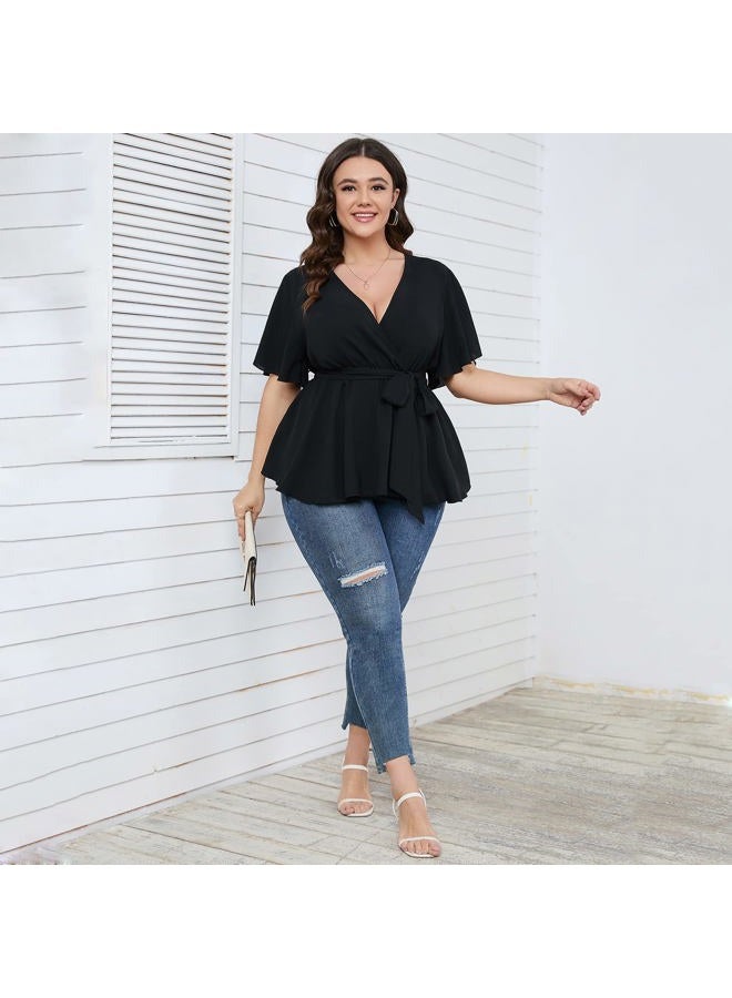 SCOMCHIC Women's Plus Size Short Sleeve V Neck Wrap Belted Ruffle Peplum Blouse Tops, Shirts for Women, Black, XL Plus - Image 5