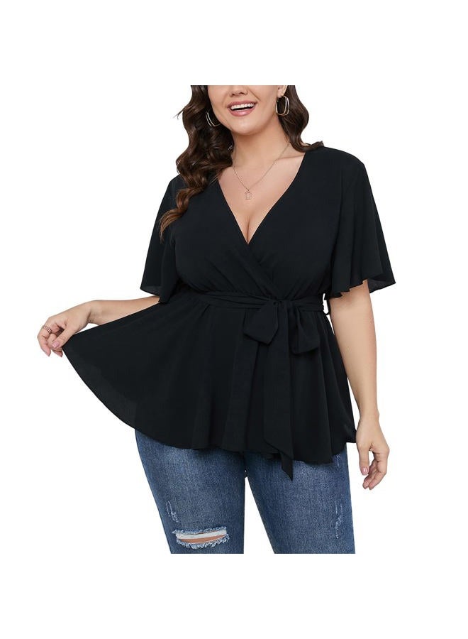 SCOMCHIC Women's Plus Size Short Sleeve V Neck Wrap Belted Ruffle Peplum Blouse Tops, Shirts for Women, Black, XL Plus - Image 1