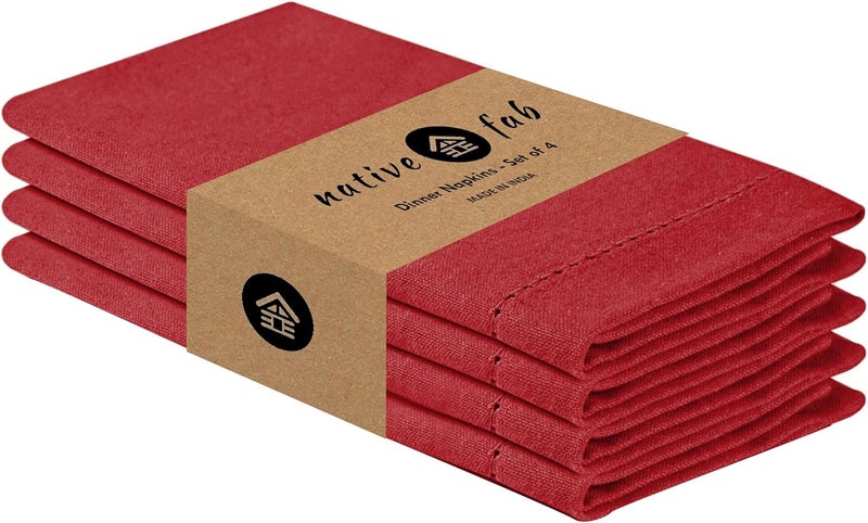 Native Fab Cloth Napkins Set of 4 Hemstitched Edges 100 Cotton Washable Fabric Napkins 18x18 inch Soft  Absorbent Reusable Linen Napkins for Dinner Table Dining Events Party  Red - Image 1