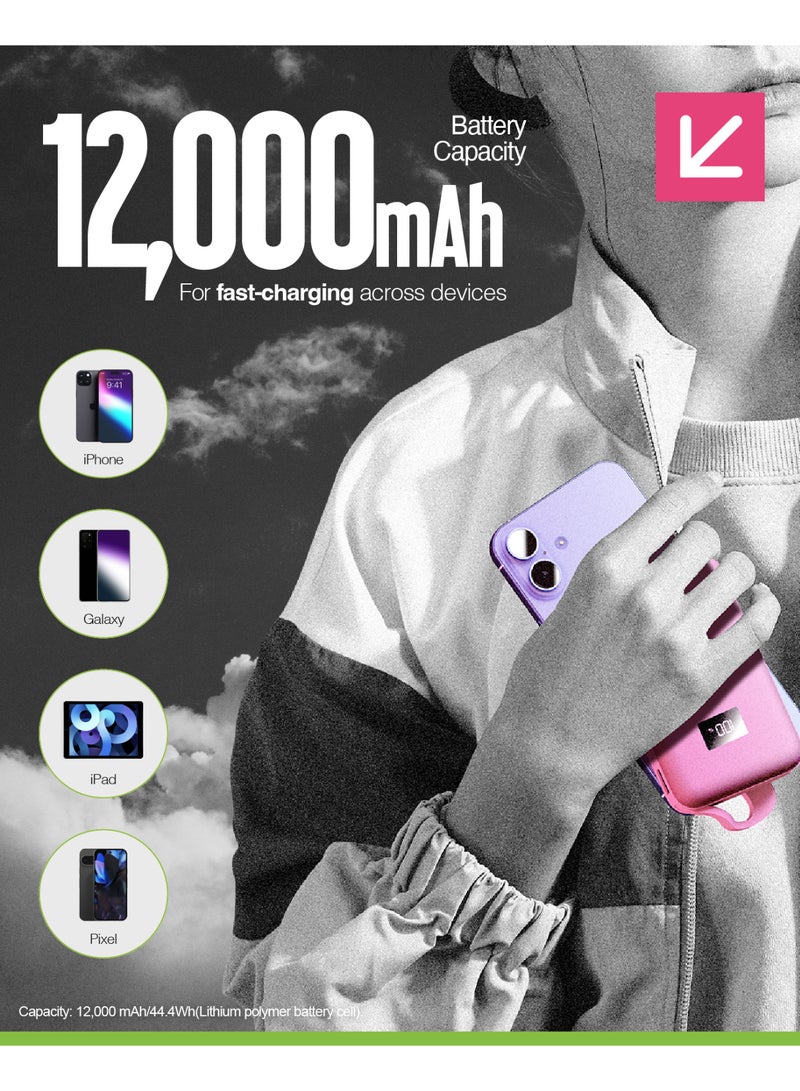 JUICE Eco Integrated Power Bank, Portable Charger 12,000mAh with Built-in USB-C Cable & Digital Display, Fast USB-C Output, PowerBank for iPhone 15 16 Pro Max, Samsung, Android, iPad, DJI - Pink - Image 5