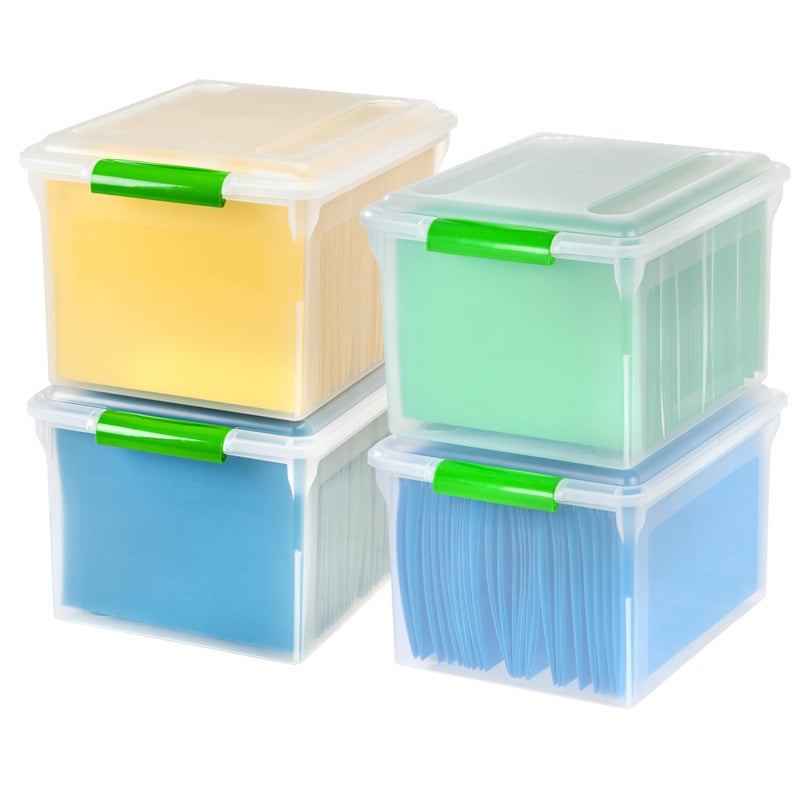 IRIS USA File Box File Organizer Plastic File Box for LetterLegal File BPAFree Plastic Storage Bin Tote Organizer w Secure Latching Lid and EasySlide Pad Clear 35 Qt 4Pack