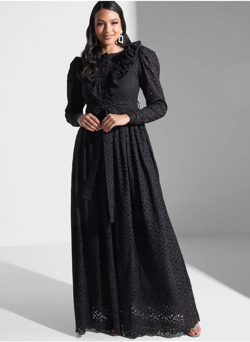 Golden Apple Ruffle Detail Embroidery Dress