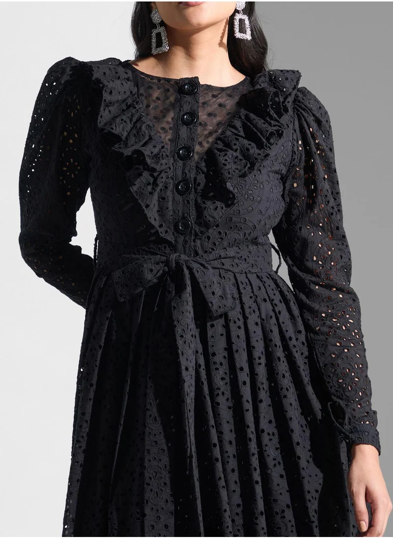 Golden Apple Ruffle Detail Embroidery Dress