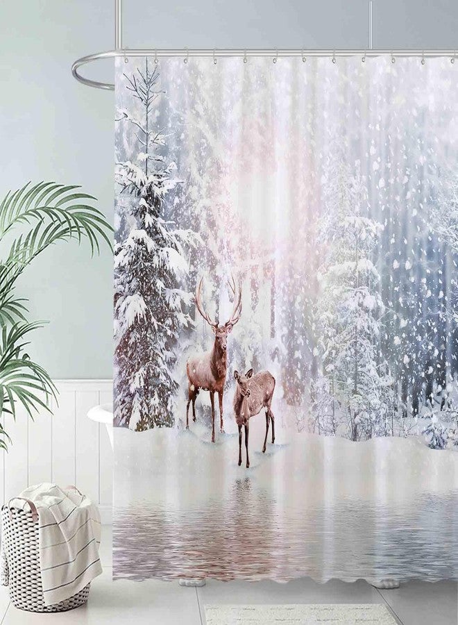 Allenjoy 72x72 inch Winter Theme Merry Christmas Shower Curtain Set Nature Forest Snowy Scenery Deer Bathroom Curtain Durable Waterproof Fabric Bathtub Sets Home Decor - Image 2