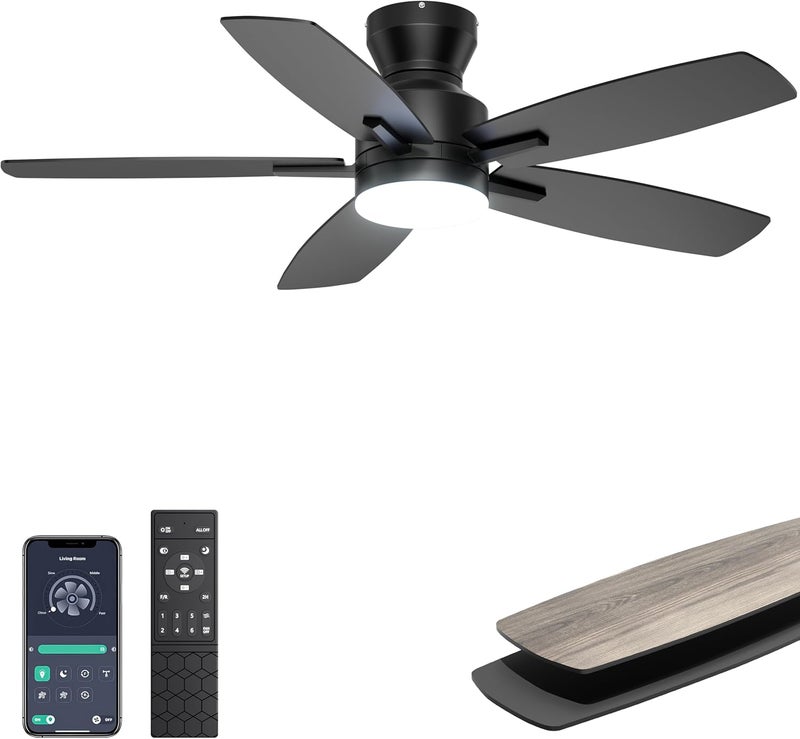 Ohniyou Ceiling Fans with Lights, 42'' Low Profile Ceiling Fan with Light and Remote/APP Control, Modern Flush Mount Ceiling Fan for Indoor Bedroom Kitchen, Dimmable, Qiuet DC Motor, Black - Image 1
