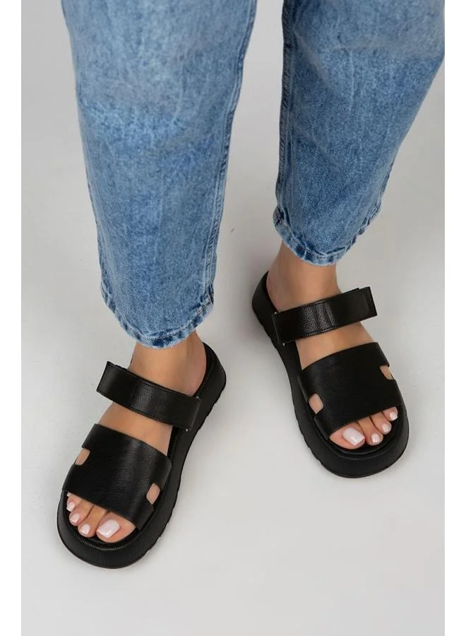Women's Genuine Leather strap Slipper - Black