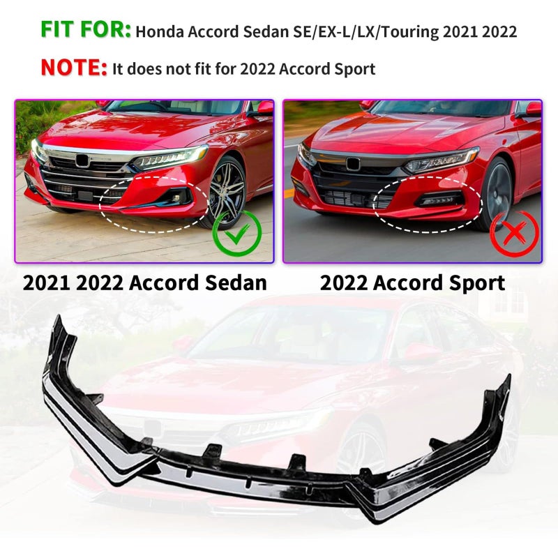 Archaic Front Bumper Lip Compatible for Honda Accord 10.5th Sedan SE/EX-L/LX/Sport/Touring 2021 2022, Splitter Under Chin Body Kit Lower Spoiler - Image 2