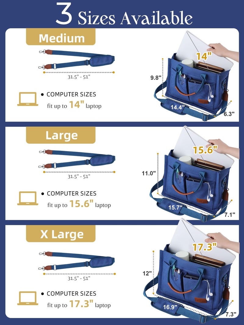 FIORETTO Canvas Tote Bag for Women with Zipper Closure & Individual Compartments for Work College, Crossbody Laptop Tote Purse Handbag with Bottom Support for Teacher & Nurse Dark Blue - Image 3