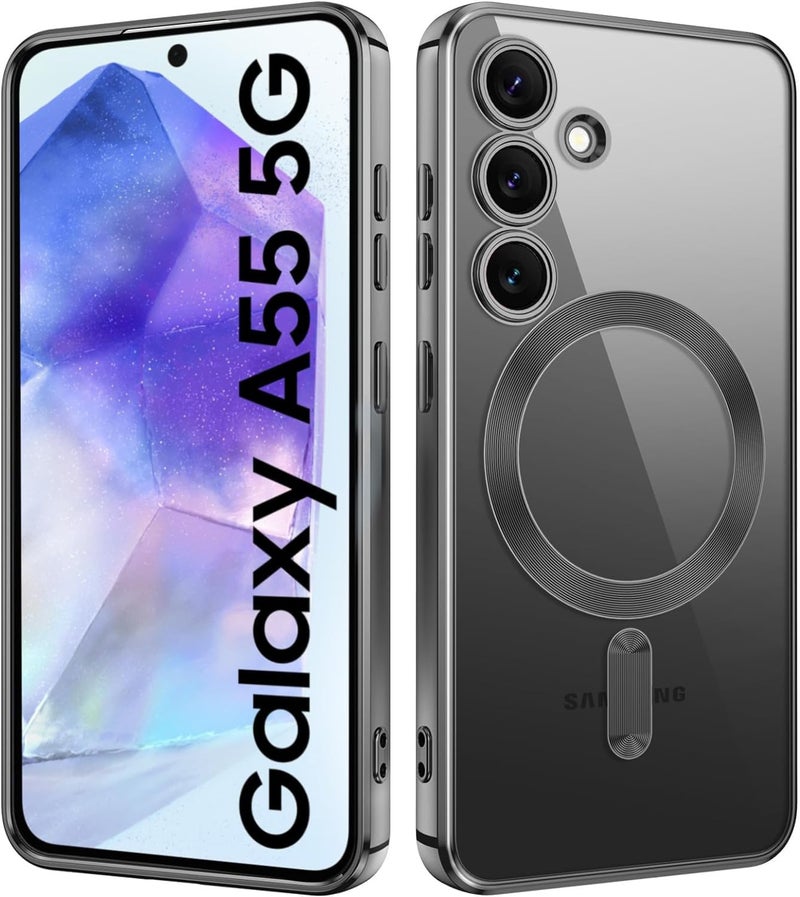 VONZEE Clear Logo Electroplating Transparent Case for Samsung A55 5G, Magnetic Plating [Support for MagSafe Charger] Electroplate TPU Cover, Individual Camera Protection for Each Lens - Black - Image 1