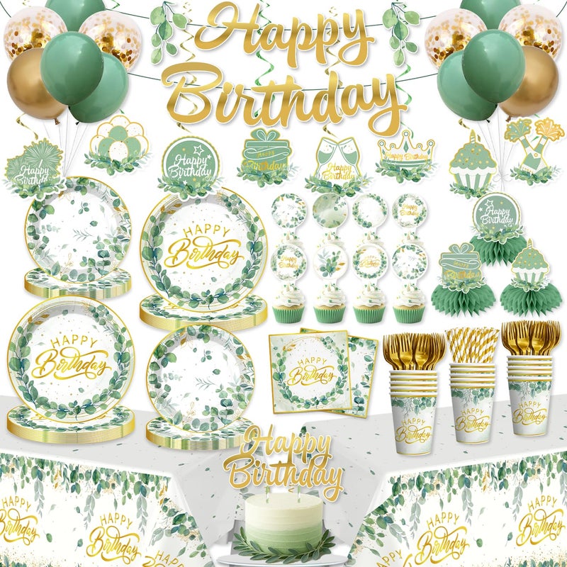Yingoto 213 Pcs Sage Green Birthday Decorations Plates and Napkins Set, Gold and Green Eucalyptus Flowers Banner Balloons Cake Topper greenery Tablecloth Women Birthday Decorations Table Decor - Image 1