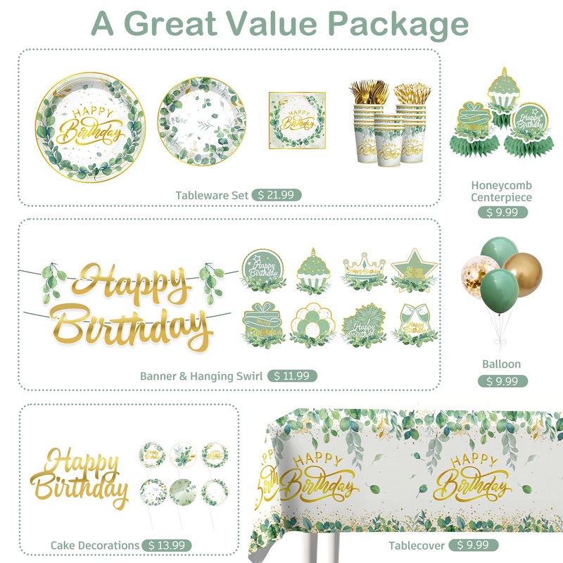 Yingoto 213 Pcs Sage Green Birthday Decorations Plates and Napkins Set, Gold and Green Eucalyptus Flowers Banner Balloons Cake Topper greenery Tablecloth Women Birthday Decorations Table Decor - Image 3