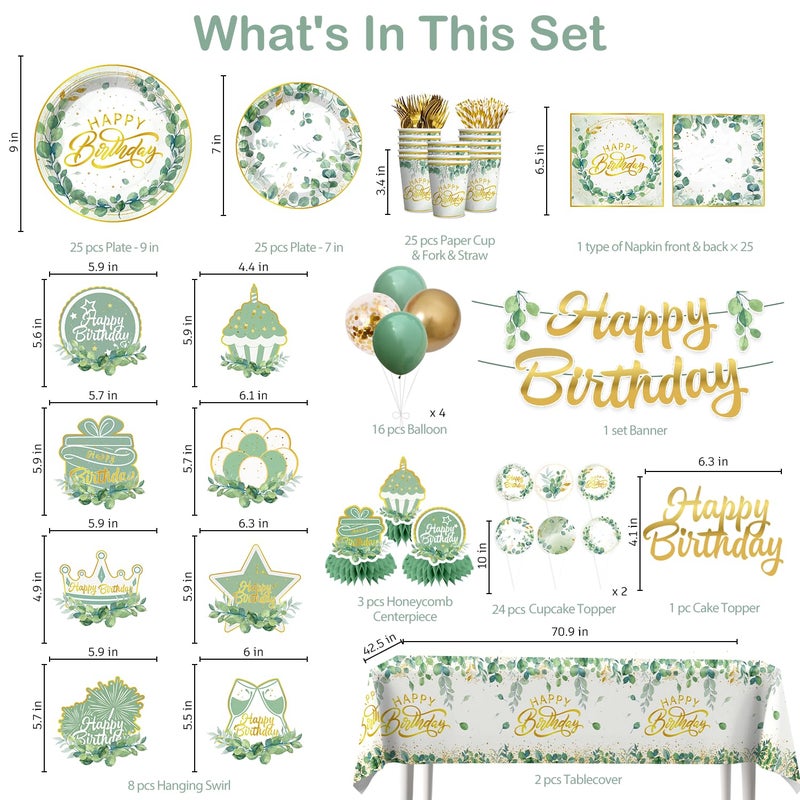 Yingoto 213 Pcs Sage Green Birthday Decorations Plates and Napkins Set, Gold and Green Eucalyptus Flowers Banner Balloons Cake Topper greenery Tablecloth Women Birthday Decorations Table Decor - Image 2