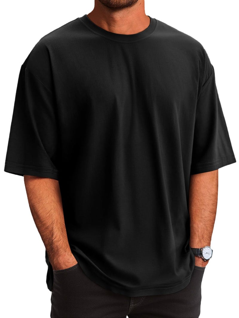 Runcati Mens Casual T-Shirts Short Sleeve Lightweight Oversized Summer Cotton Tee Beach Crew Neck Tops Black - Image 1