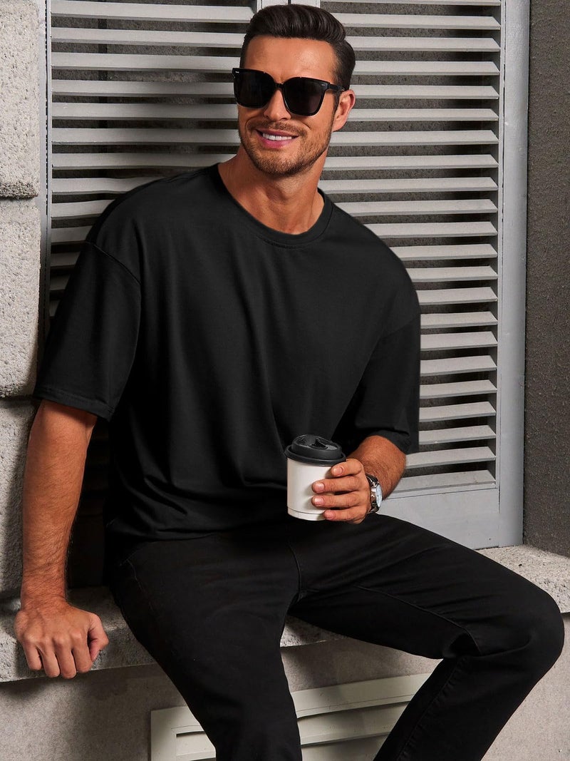 Runcati Mens Casual T-Shirts Short Sleeve Lightweight Oversized Summer Cotton Tee Beach Crew Neck Tops Black - Image 2