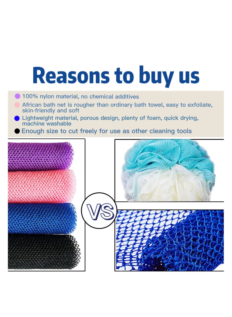 KASTWAVE African Exfoliating Net, 4 Pieces African Net Sponge, Nylon African Bathing Sponge Net, African Net Long Net Bath Sponge Shower Body Scrubber Back Scrubber Skin Smoother(Black,Blue,Pink,Purple) - Image 3