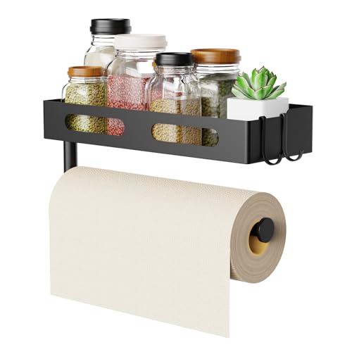 EffiJoy Paper Towel Holder Wall Mount for Kitchen Paper Towel Holder with Shelf for Bathroom RV Paper Towel Rack Spice Rack with 2 HooksMatte Black - Image 1