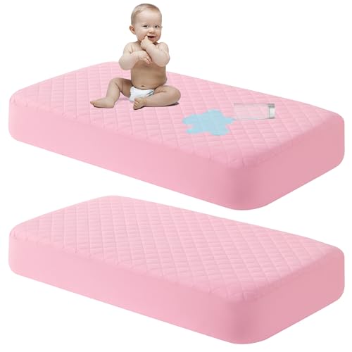 NTBAY 2 Pack Waterproof Crib Mattress Protector, Quilted 28"x52" Toddler Fitted Sheet - Machine Washable - Soft and Breathable Mattress Pad Cover for Crib, Nursery, Daycare, Cot, Pink - Image 1