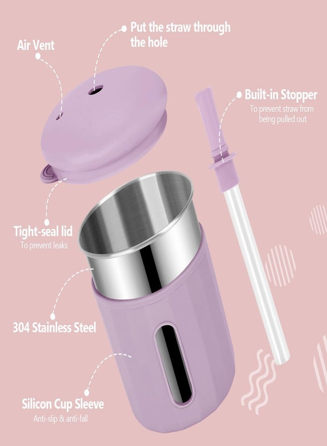 Beyoung Kids Cups with Straws and Lids, 12.5oz Stainless Steel Kids Straw Cups with Silicone Sleeves, Spill Proof, Durable Drinking Cups for Kid and Adults,2PACK (Coral+ Purple) - Image 3