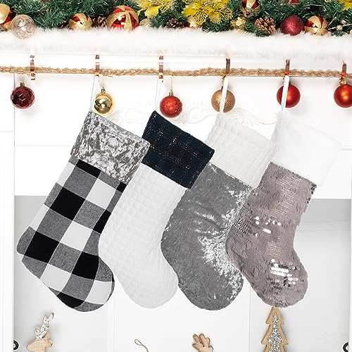 LUBOT 4 Pack Christmas Stockings Large Family Xmas Stocking Black White Gray Contrast Match Flannel Plaid Plush Sequins Hanging for Decorations Holiday - Image 3