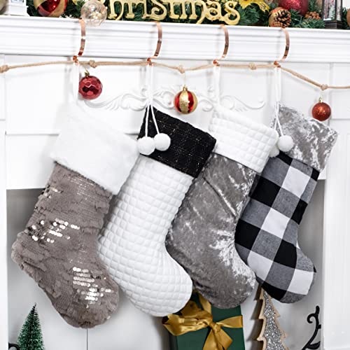 LUBOT 4 Pack Christmas Stockings Large Family Xmas Stocking Black White Gray Contrast Match Flannel Plaid Plush Sequins Hanging for Decorations Holiday - Image 1