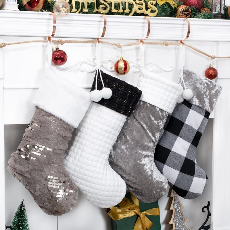 LUBOT 4 Pack Christmas Stockings Large Family Xmas Stocking Black White Gray Contrast Match Flannel Plaid Plush Sequins Hanging for Decorations Holiday - Image 2