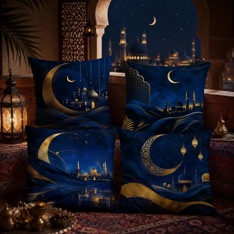 Ramadan Crescent Moon and Mosque Decorative Throw Pillow Covers Set of 4 Blue Gold Islamic Eid Home Decor Cushion Cases - Image 2