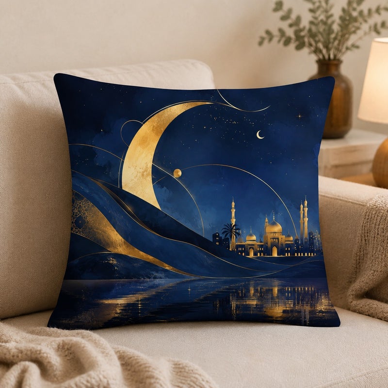 Ramadan Crescent Moon and Mosque Decorative Throw Pillow Covers Set of 4 Blue Gold Islamic Eid Home Decor Cushion Cases - Image 4