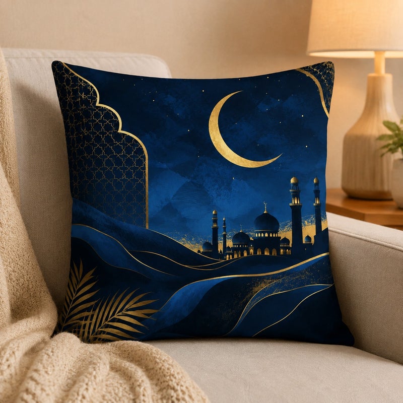 Ramadan Crescent Moon and Mosque Decorative Throw Pillow Covers Set of 4 Blue Gold Islamic Eid Home Decor Cushion Cases - Image 5