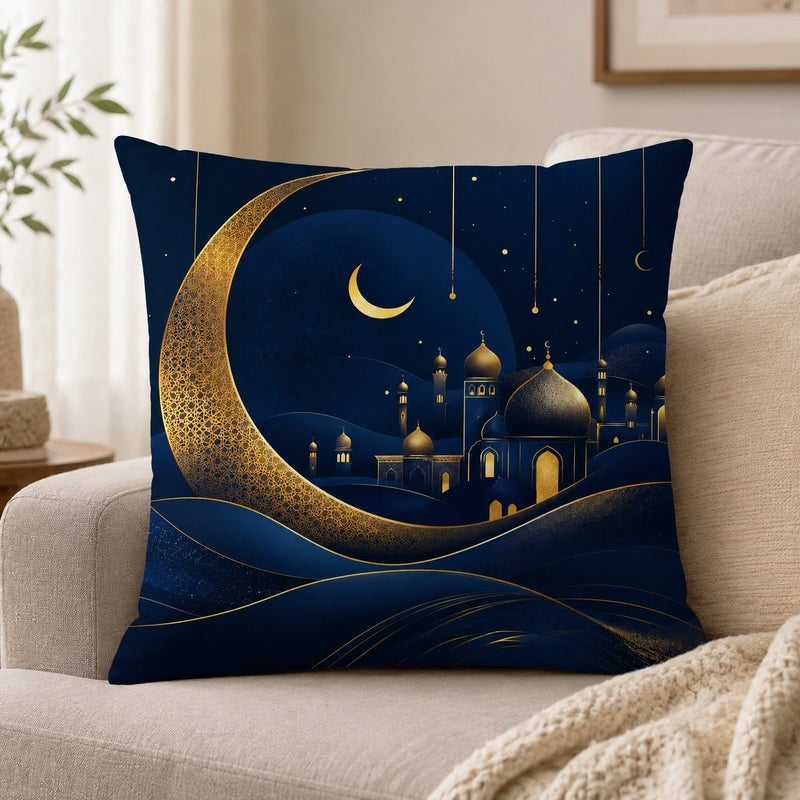 Ramadan Crescent Moon and Mosque Decorative Throw Pillow Covers Set of 4 Blue Gold Islamic Eid Home Decor Cushion Cases - Image 3