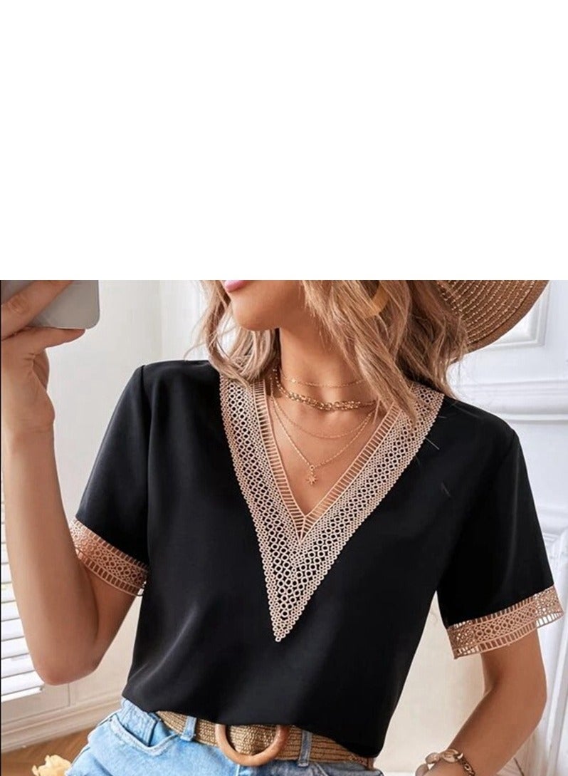 Shougu Short Sleeved V-neck Casual Ssolid Color Shirt For Women  - Image 1