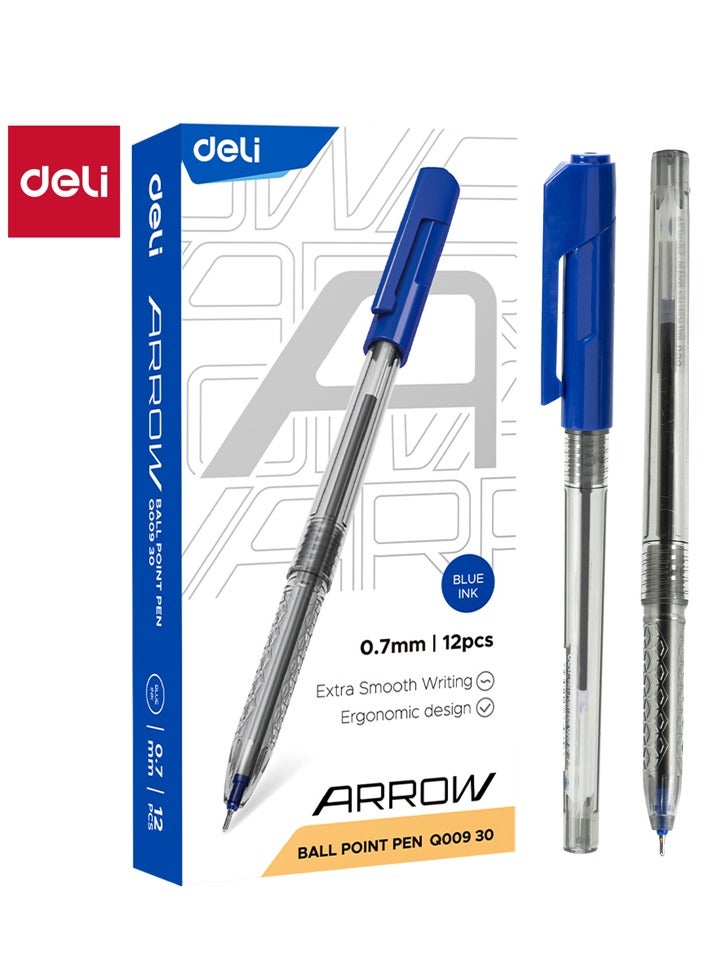 Deli أقلام حبر جاف دلي Q00930 على شكل سهم، نقطة رفيعة 0.7 مم، حبر أزرق، كتابة سلسة مع قبضة مريحة، عبوة 12 قلم. - Image 1