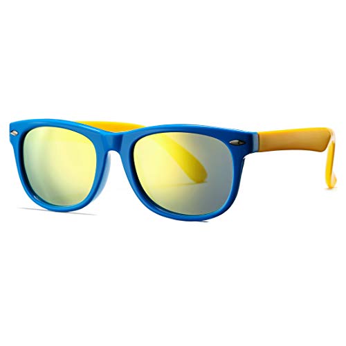 COASION Kids Polarized Sunglasses TPEE Rubber Flexible Shades for Girls Boys Age 3-9 (Blue Frame/Gold Mirror Lens) - Image 1