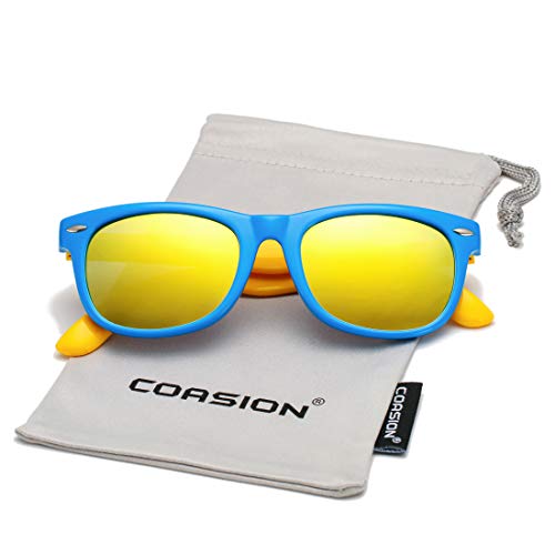 COASION Kids Polarized Sunglasses TPEE Rubber Flexible Shades for Girls Boys Age 3-9 (Blue Frame/Gold Mirror Lens) - Image 3