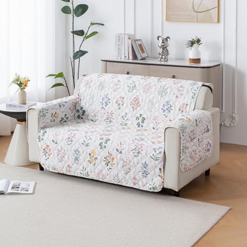 House of Quirk 'Mughal Series' Anti-Slip Sofa Cover Mat with Pocket | Polyester Couch Protector for Pets, Kids & Spills (Beige Wildflower, 180x120cm, Two Seater) - Image 1